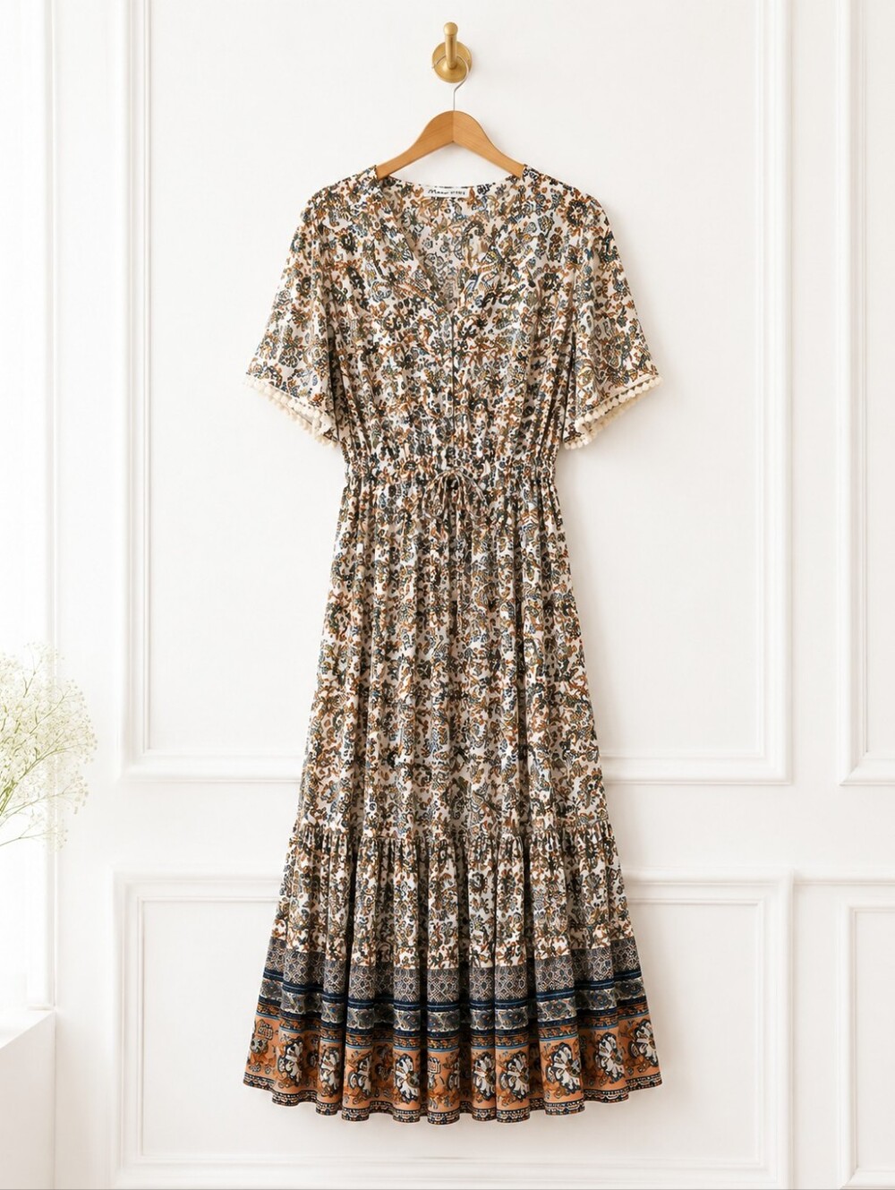 R.Vivimos Boho Paisley Floral Maxi Dress Pom Pom Trim Size M - Picture 6 of 11